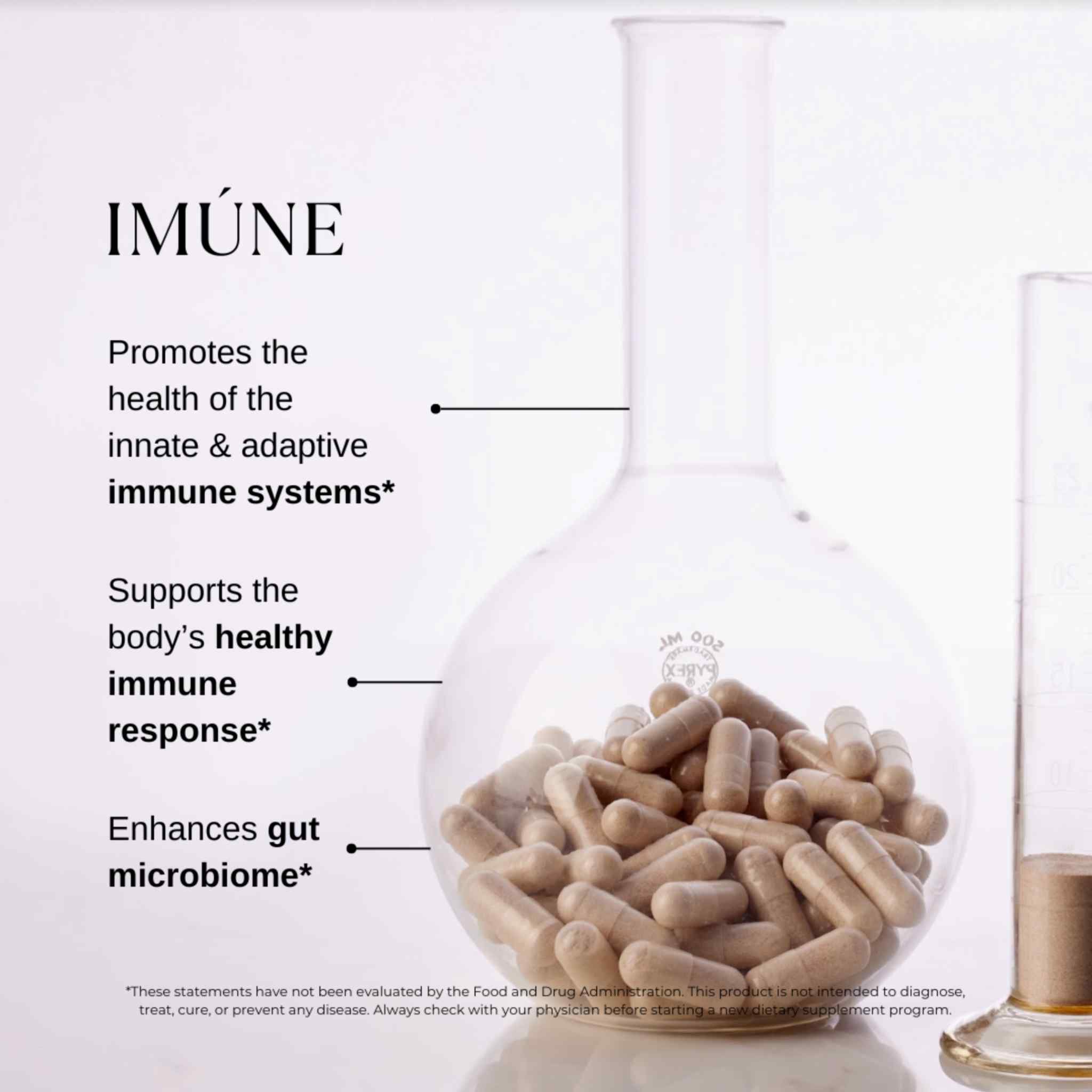 Open and closed bottles of THREE Imúne Total Body Immune Support with capsules displayed on a light wooden surface. Imúne features plant-based ingredients and complementary nutrients formulated for daily immune support.