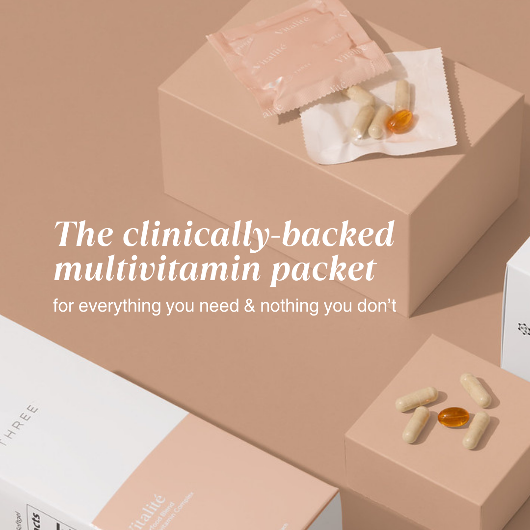 A clean, informative image highlighting the idea of upgrading from a basic multivitamin to Vitalité. The visual supports the concept of a more complete daily wellness routine built around advanced nutrients and cellular absorption.