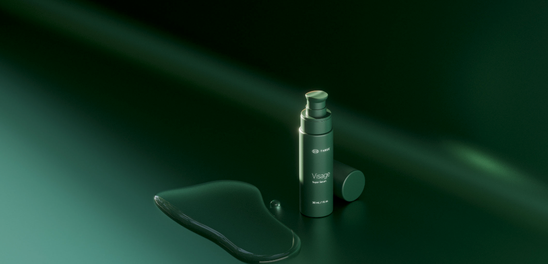 THREE VISAGE Super Serum displayed beside a glossy serum texture against a deep green background. The lightweight neurocosmetic skincare formula is designed to support hydration, smoothness, skin glow, and the appearance of fine lines and wrinkles.