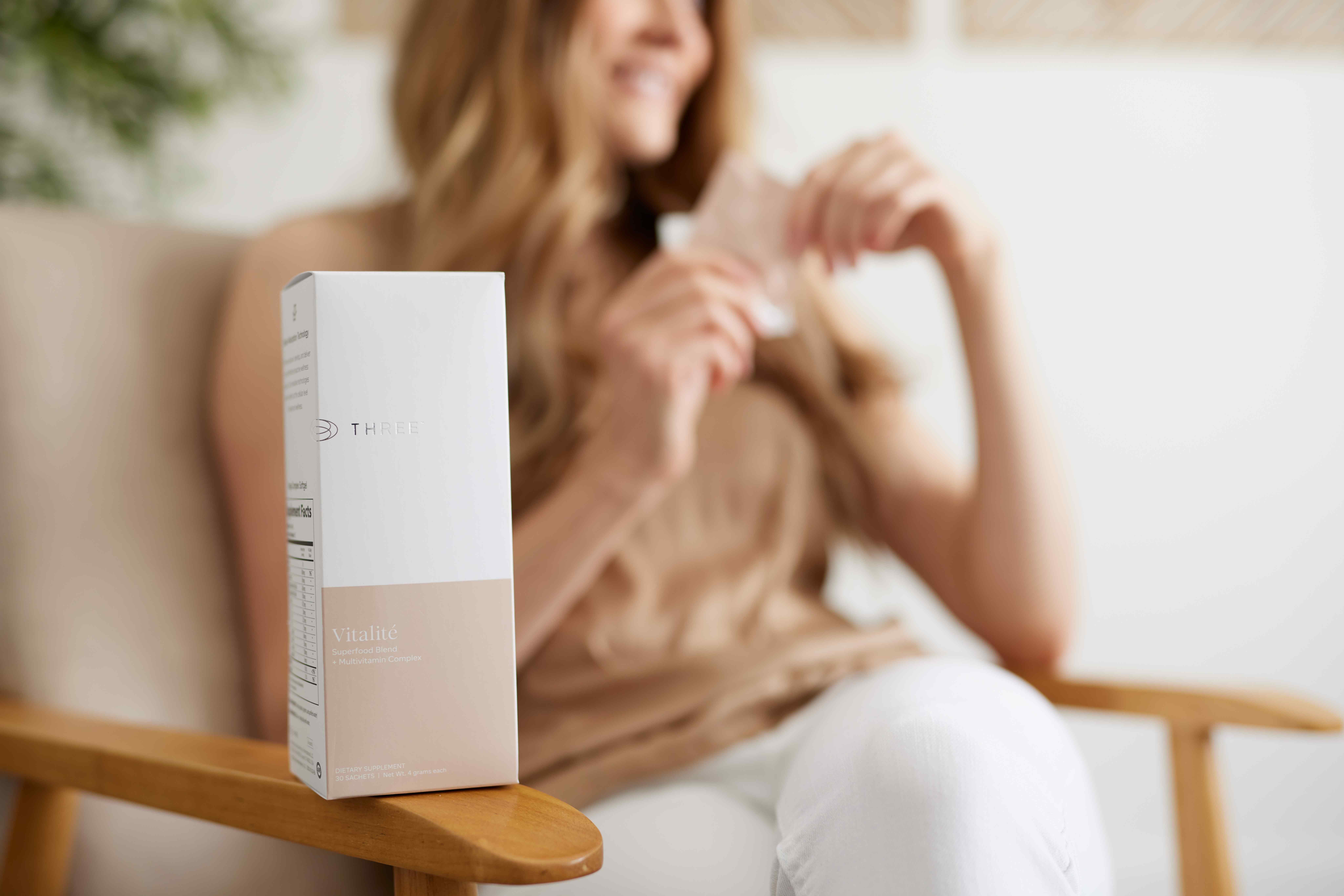 A lifestyle image featuring the Vitalité supplement box placed in a calm, wellness-focused environment. The image visually supports Vitalité’s role as a premium daily multivitamin designed to nourish the body at the cellular level.