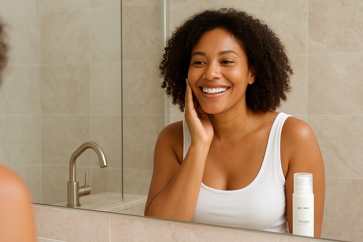 Young African American woman smiling at herself in the mirror of a modern beige-tiled bathroom, wearing a white tank top, with a bottle of Visage Pure Cleanse placed on the countertop beside the sink.
