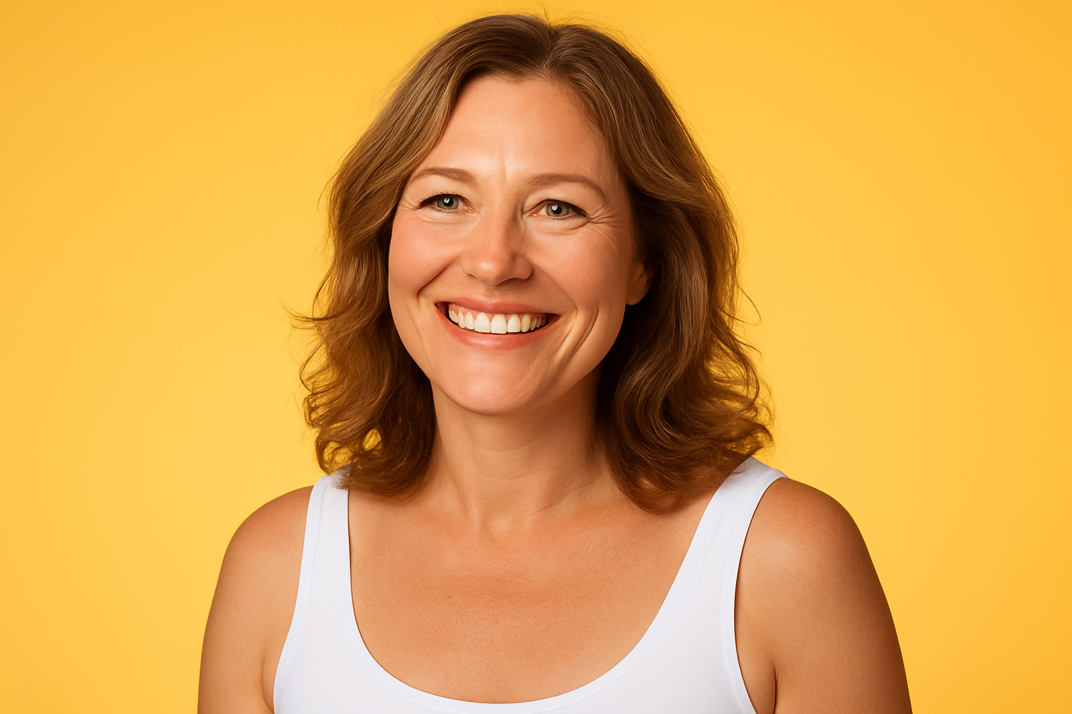 Middle-aged woman with shoulder-length light brown hair smiling confidently against a warm yellow background, wearing a white tank top and radiating natural beauty and healthy skin.