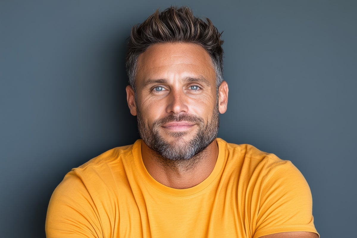 Confident man with radiant skin wearing a yellow shirt, representing the benefits of men's skincare using the Visage Collection by THREE