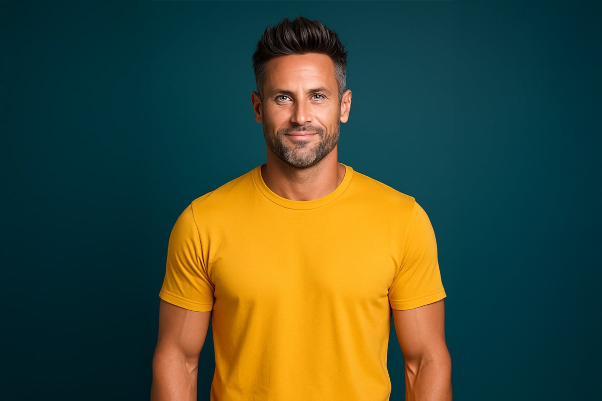 Confident man with radiant skin wearing a yellow shirt, representing the benefits of men's skincare using the Visage Collection by THREE